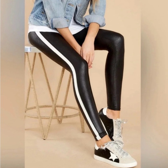 SPANX Faux Leather Black Leggings with White Stripe Women’s Medium - Picture 2 of 7
